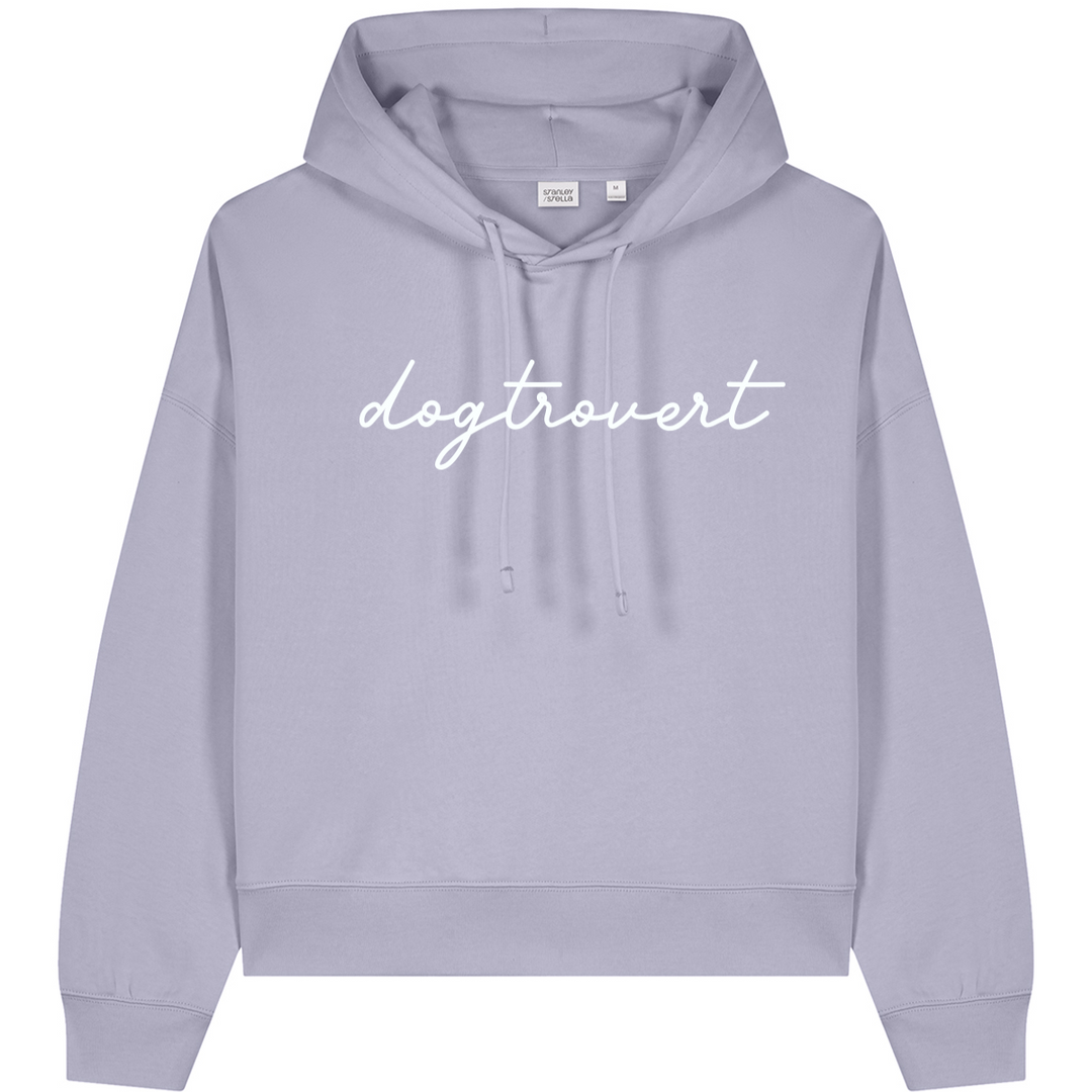 Light purple hoodie with 'dogtrovert' text on a white background