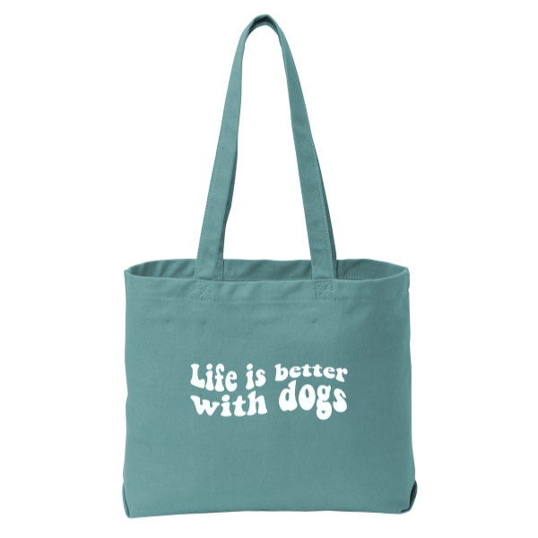 Teal tote bag with 'Life is better with dogs' text on a white background